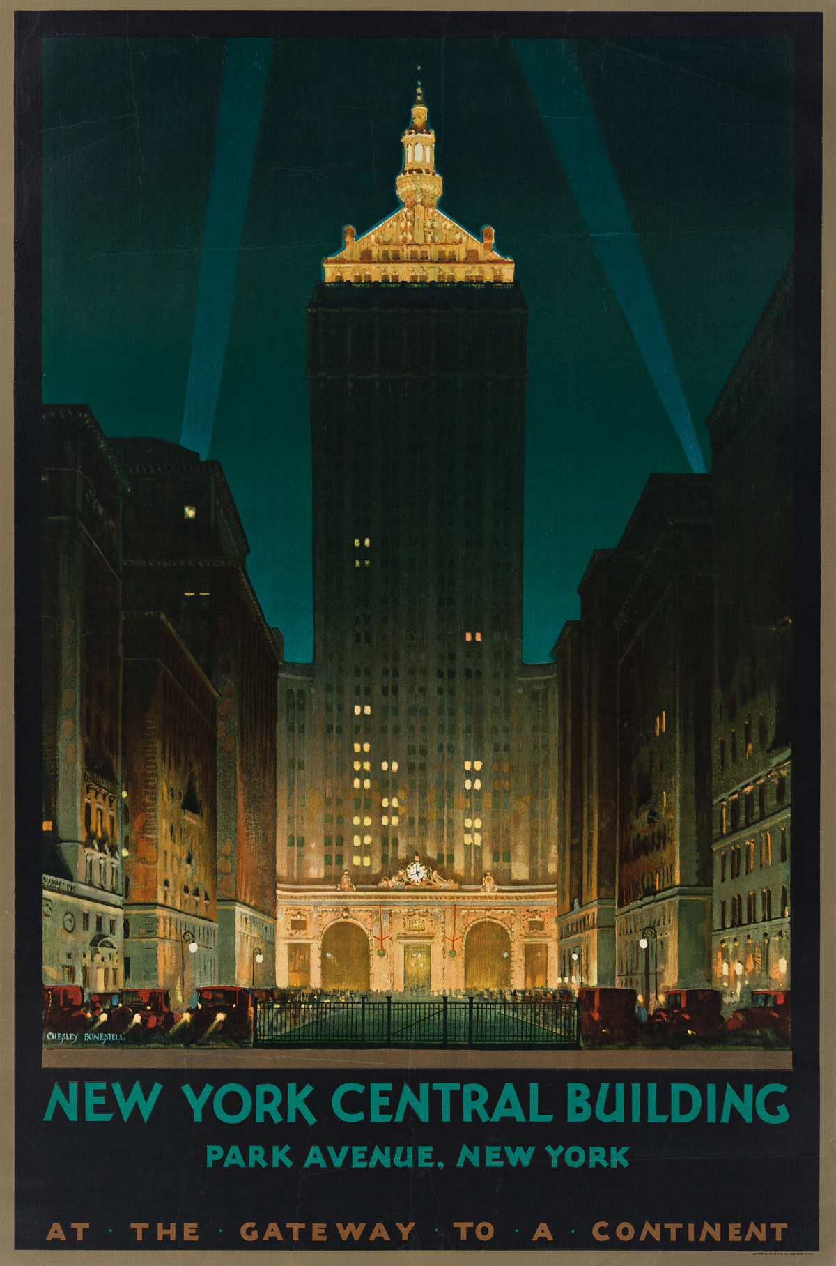Chesley Bonestell (1888-1986).  NEW YORK CENTRAL BUILDING / AT THE GATEWAY TO A CONTINENT. Circa 1929.